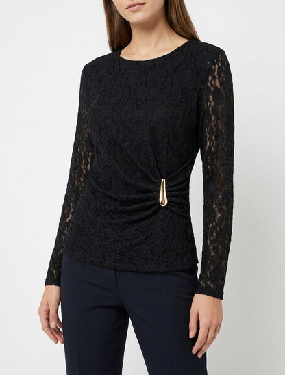 Top en dentelle col rond et bijou - Noir