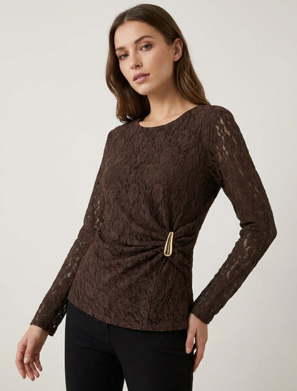 Top en dentelle drapé à bijou - Marron