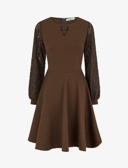 Robe patineuse à manches longues en dentelle - Marron - 1