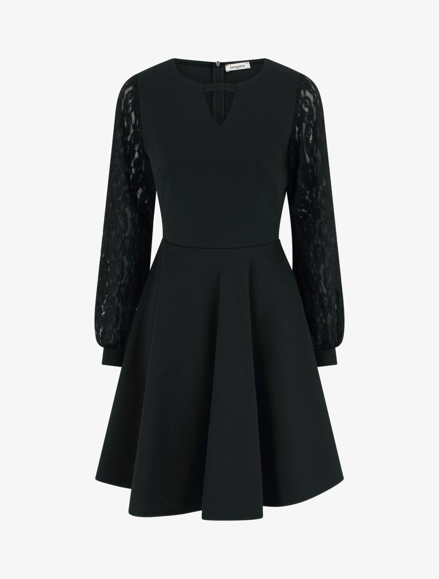 Robe patineuse à manches longues en dentelle - Noir - 1
