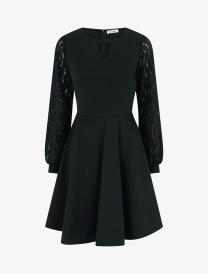 Robe patineuse à manches longues en dentelle - Noir - 1