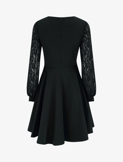 Robe patineuse à manches longues en dentelle - Noir - 2
