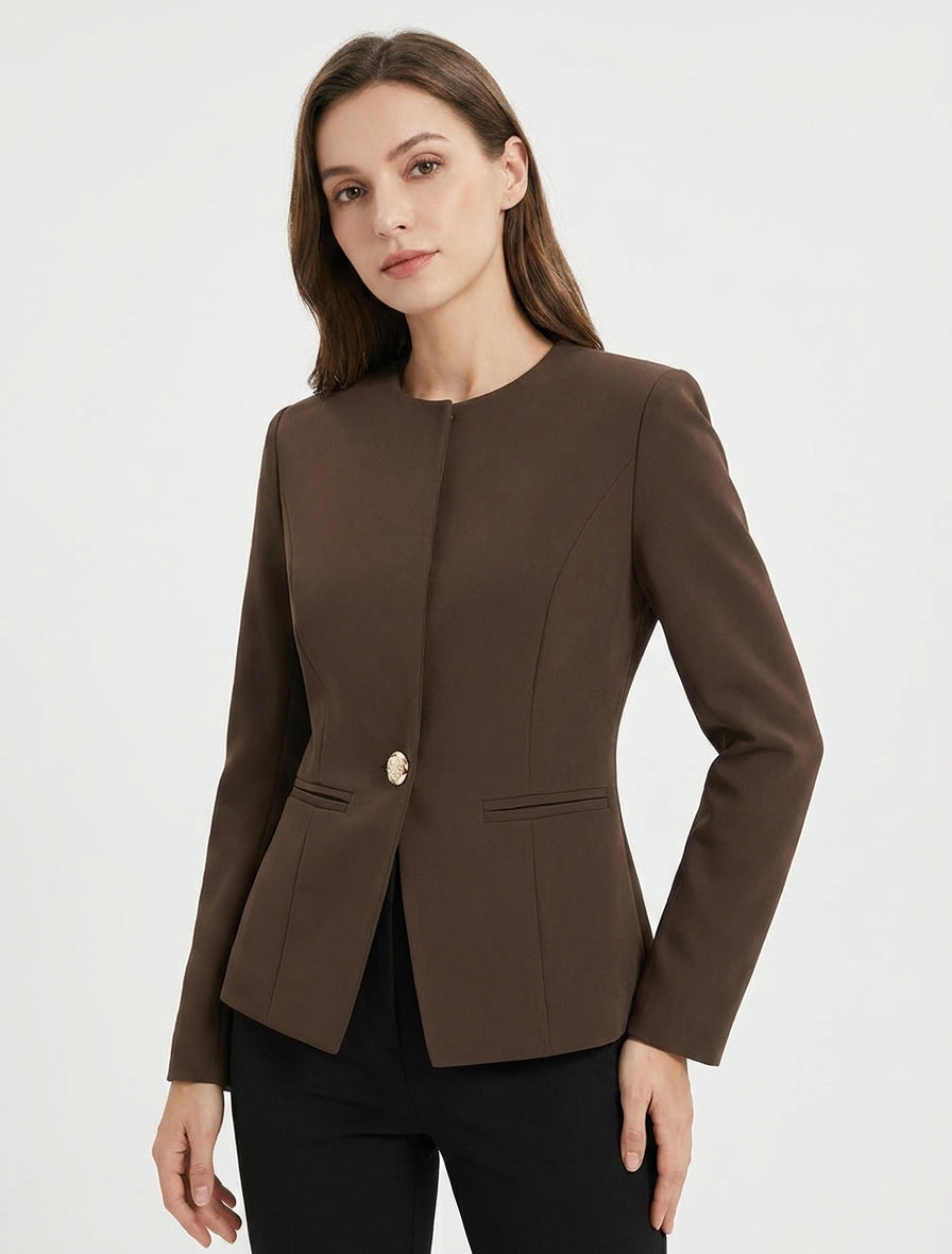 Veste cintrée col rond épaulettes - Marron