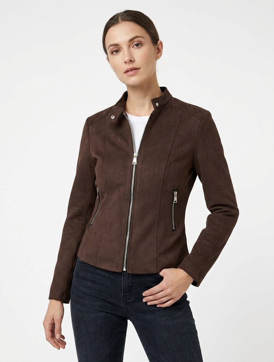 Veste cintrée en suédine à poches zippées - Marron