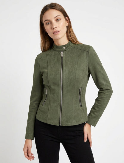 Veste cintrée en suédine à poches zippées - Kaki