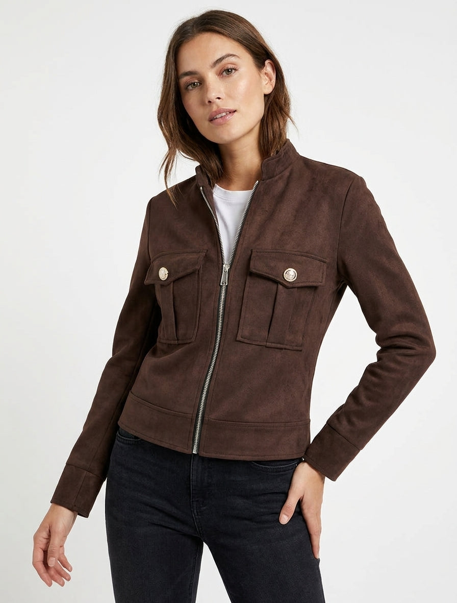 Veste en suédine col montant zippée - Marron