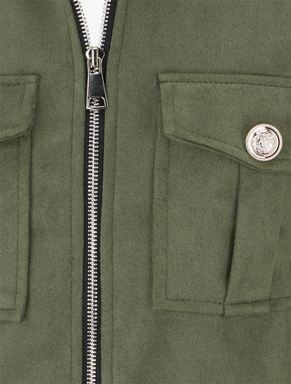 Veste en suédine zippée à poche à rabat - Kaki - 3