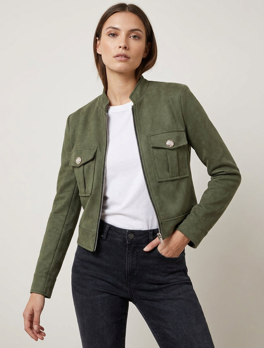 Veste en suédine col montant zippée - Kaki