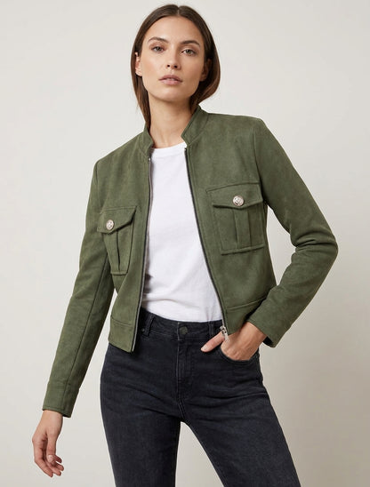 Veste en suédine col montant zippée - Kaki