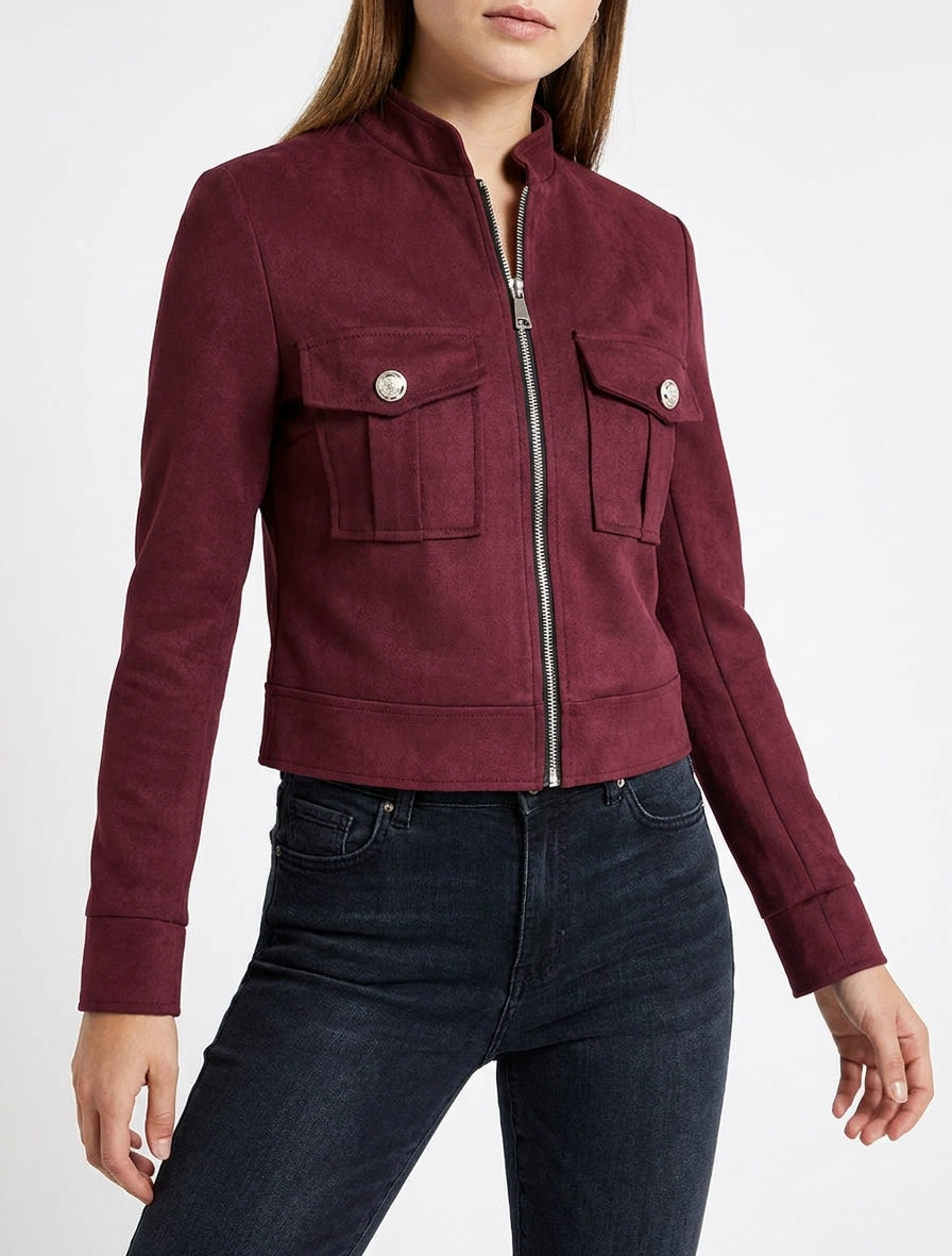 Veste en suédine col montant zippée - Lie de vin