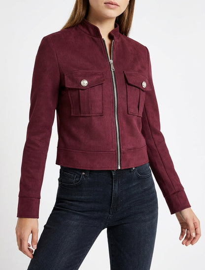 Veste en suédine col montant zippée - Lie de vin