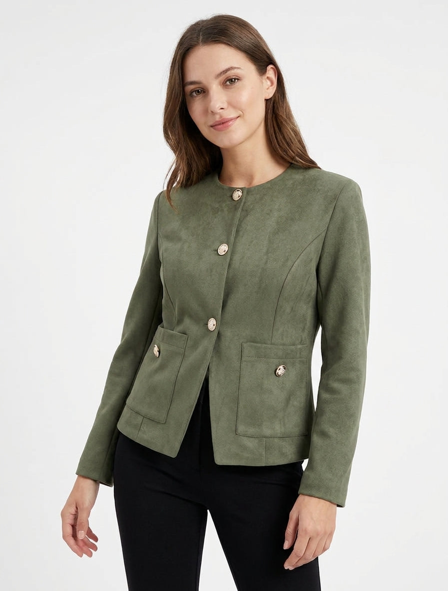 Veste suédine à épaulettes et col rond - Kaki