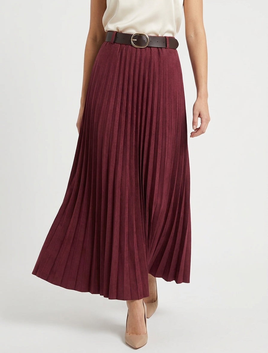 Jupe longue plissée taille haute - Lie de vin