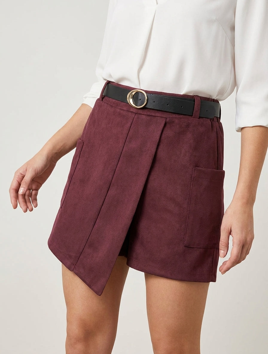 Short suédine style portefeuille à ceinture - Lie de vin