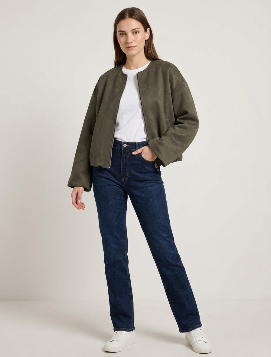 Veste bomber en suédine coupe boule - Kaki