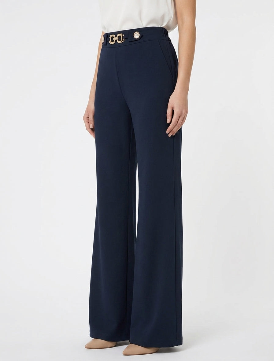 Pantalon fluide taille haute ornée - Marine