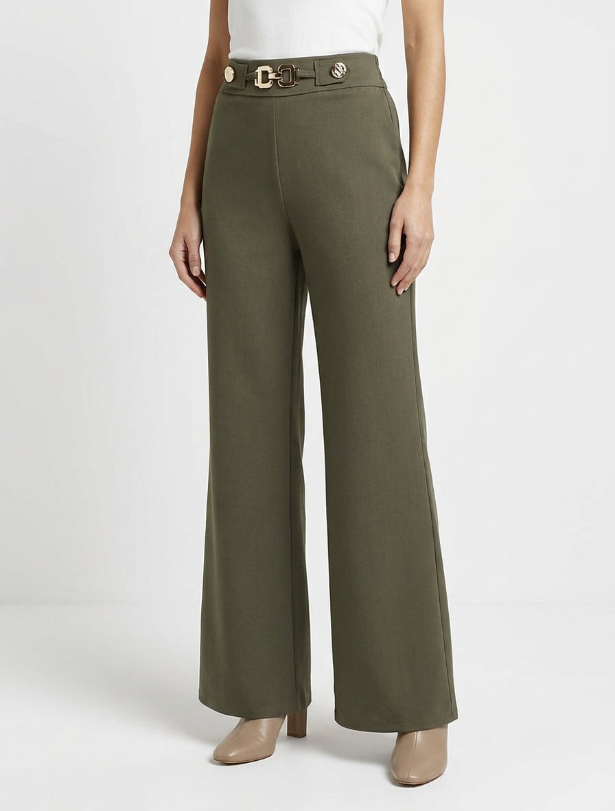 Pantalon fluide taille haute ornée - Kaki