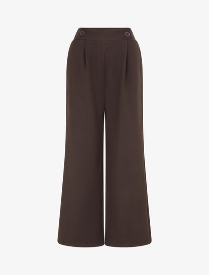 Pantalon uni à taille élastiquée - Marron - 1