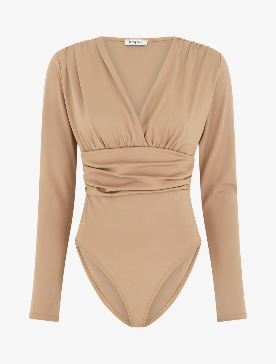 Body manches longues à taille plissée - Camel clair - 1