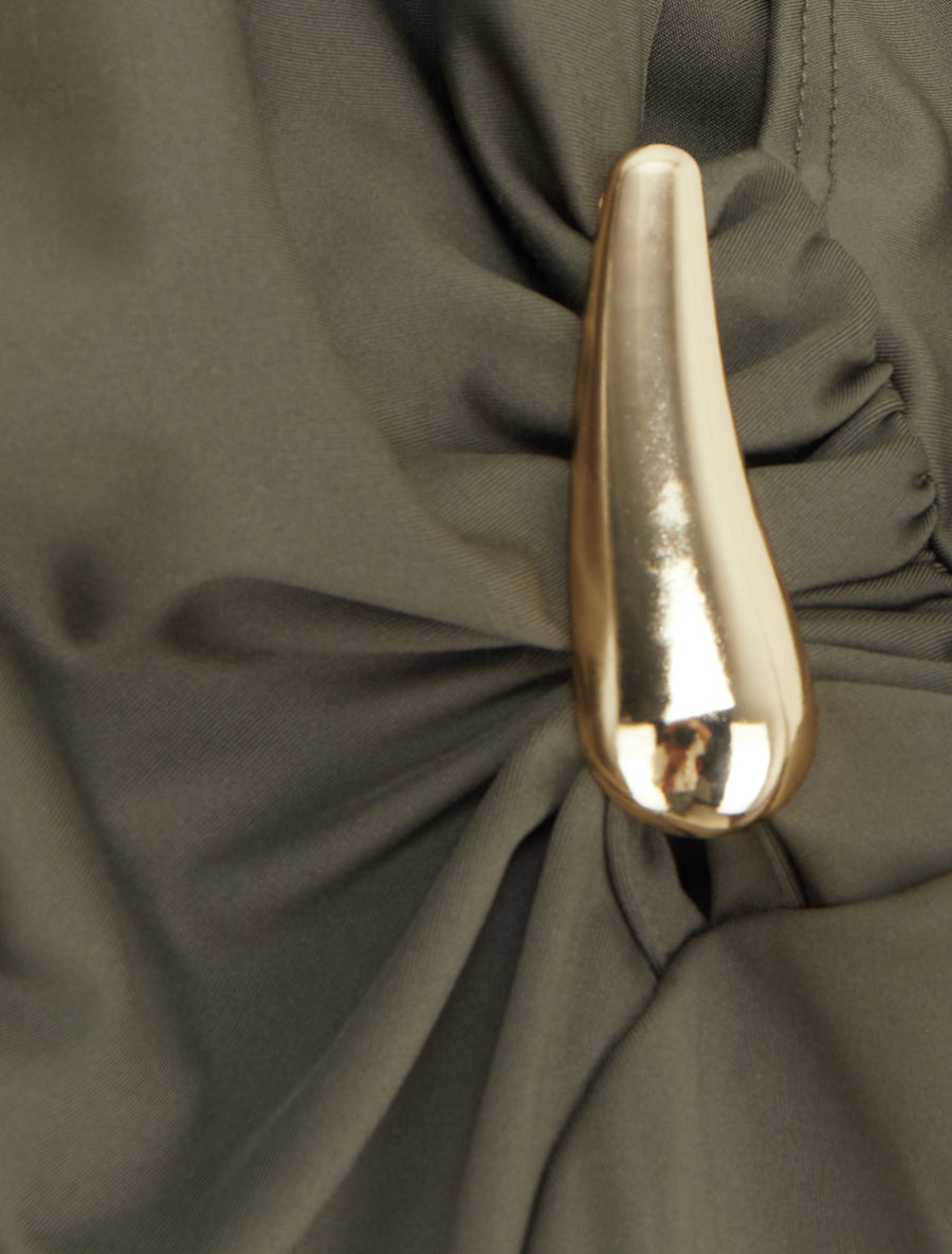 Body satiné à col asymétrique et bijou - Kaki - 3