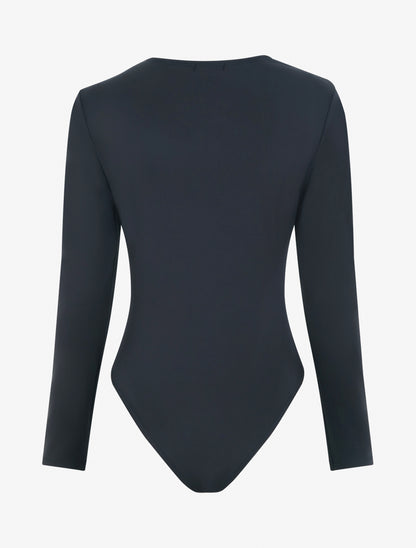Body satiné à col asymétrique et bijou - Bleu nuit - 2