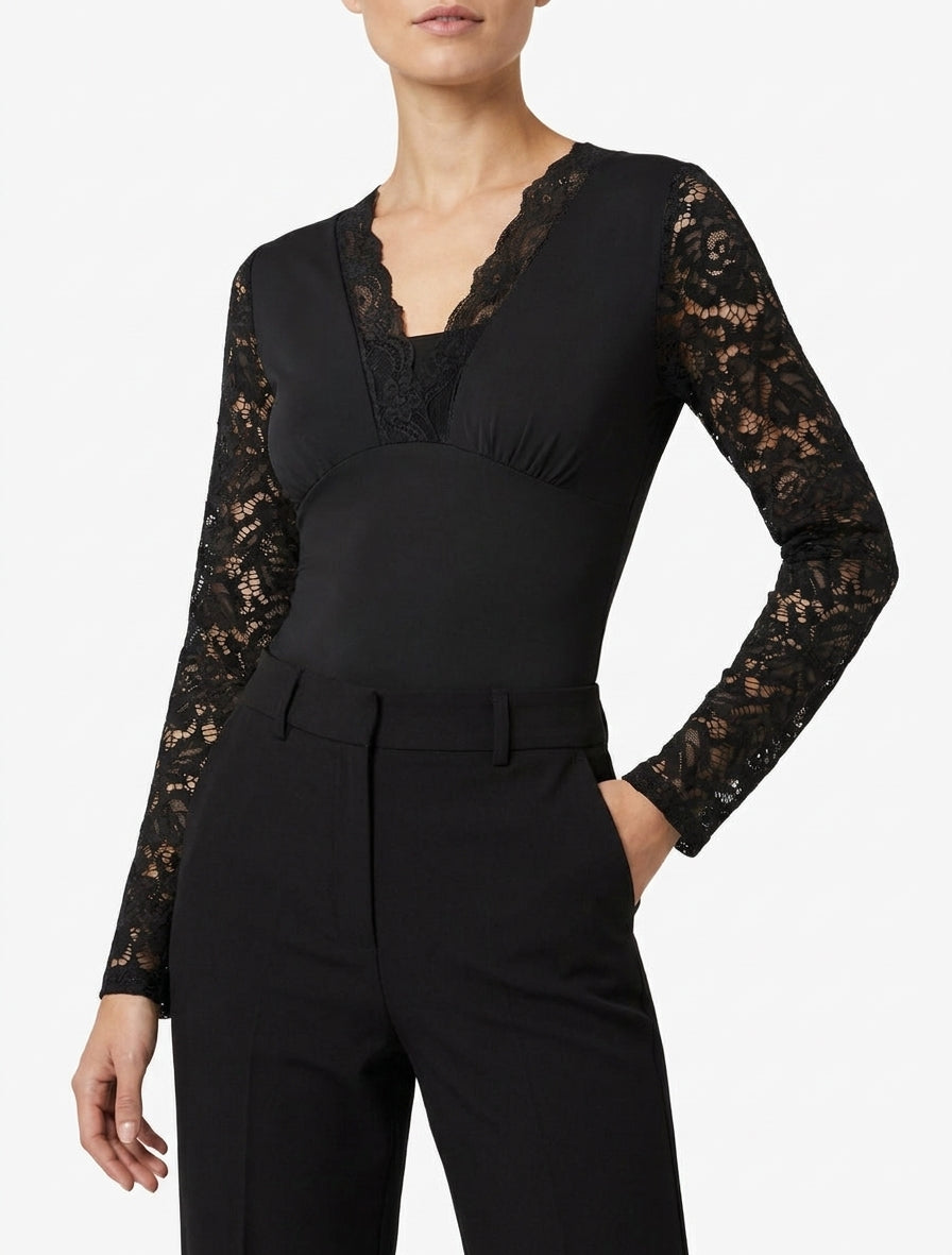Body satiné col V dentelle - Noir