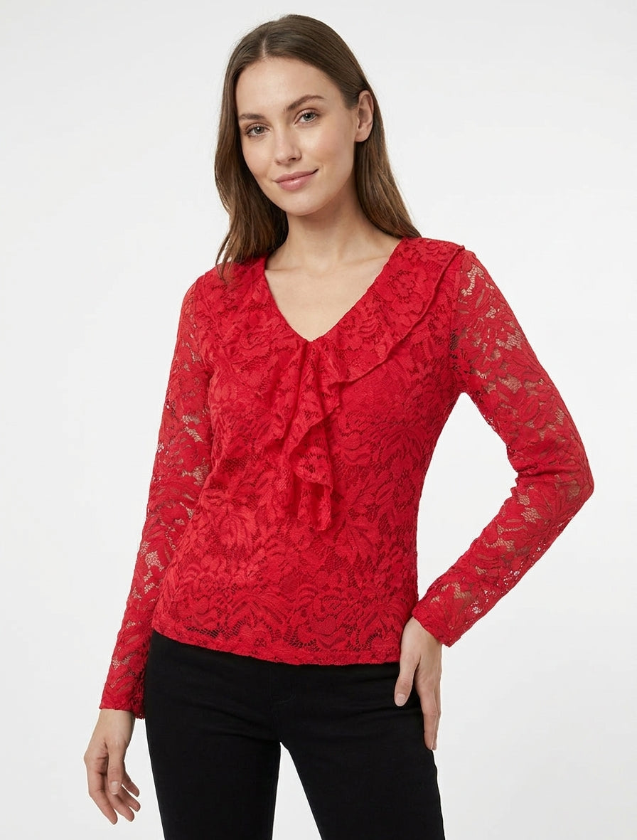 Top en dentelle à manches longues - Rouge