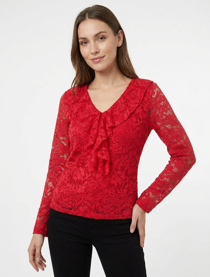 Top en dentelle à manches longues - Rouge
