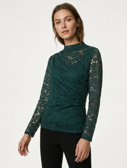 Top en dentelle à effet plissé - Vert foncé