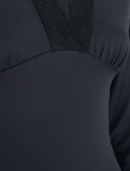 Body manches longues à col V en dentelle - Bleu nuit - 3