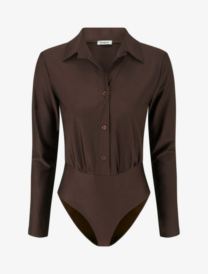 Body satiné style chemise - Marron - 1