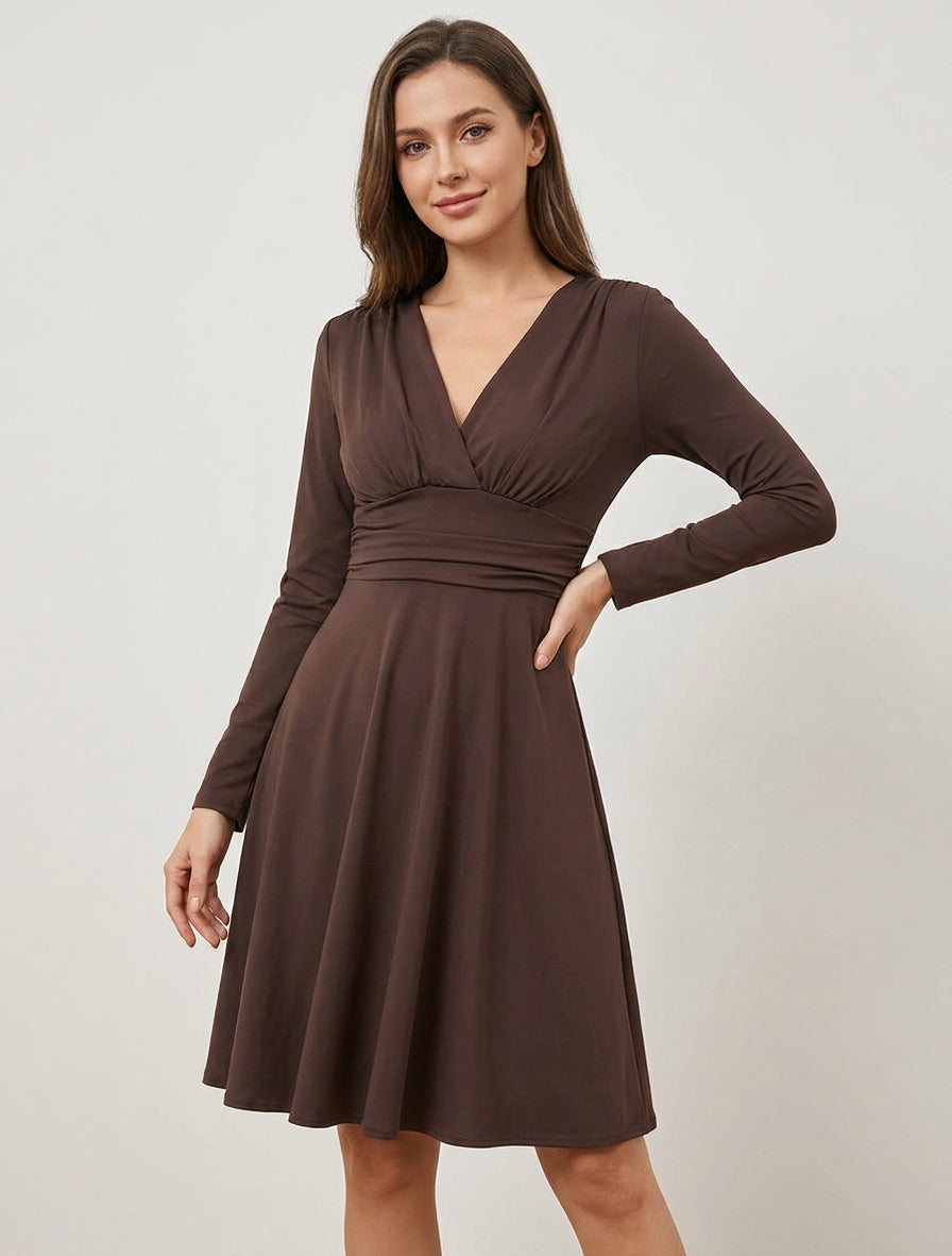 Robe patineuse col cache-cœur plissé - Marron