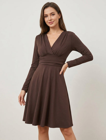 Robe patineuse col cache-cœur plissé - Marron