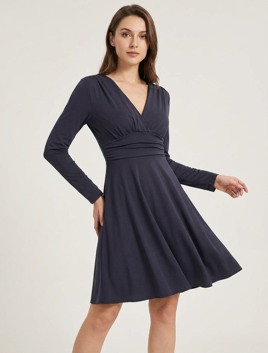 Robe patineuse col cache-cœur plissé - Marine