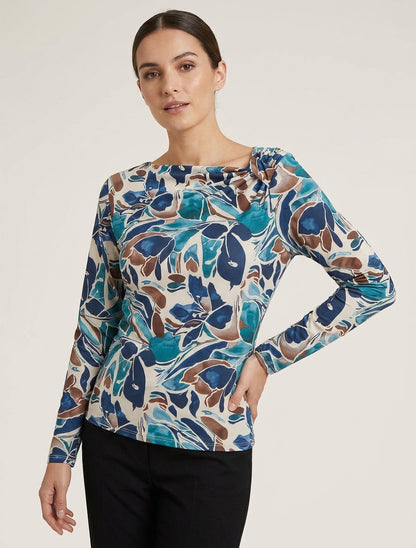 Top floral encolure bateau - Bleu canard