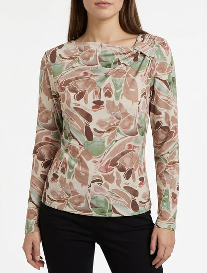 Top imprimé floral encolure bateau - Beige
