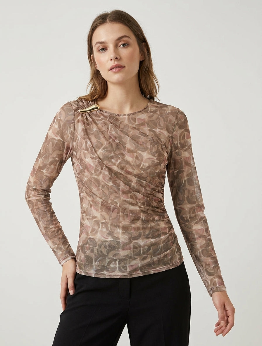 Top en tulle drapé à manches longues - Beige