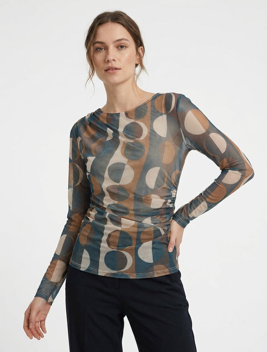 Top tulle manches longues transparentes - Bleu canard