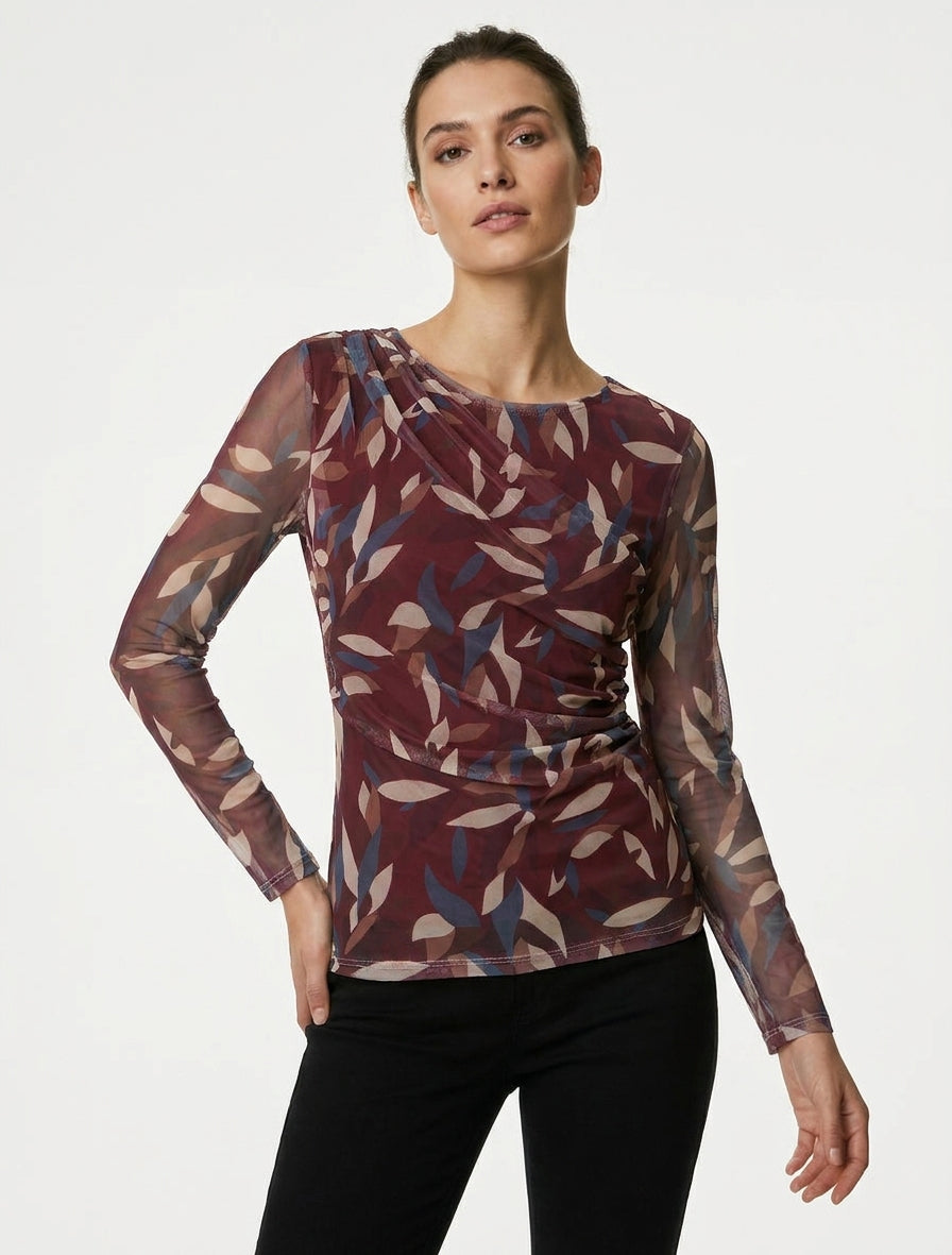 Top en tulle à manches transparentes - Prune