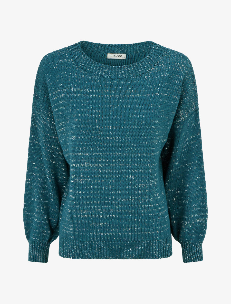 Pull ample en maille irisée à col rond - Bleu canard - 1