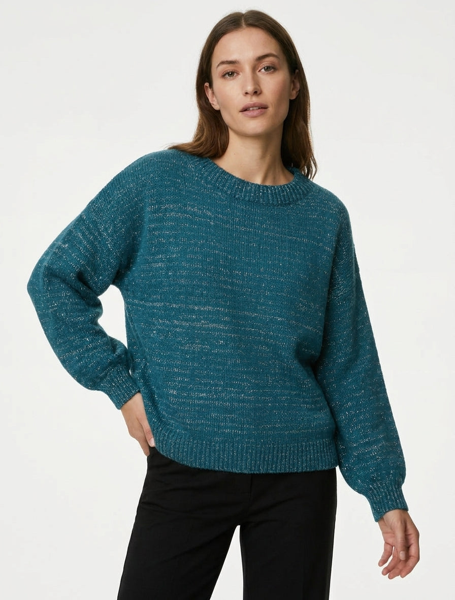 Pull ample irisé à manches longues - Bleu canard