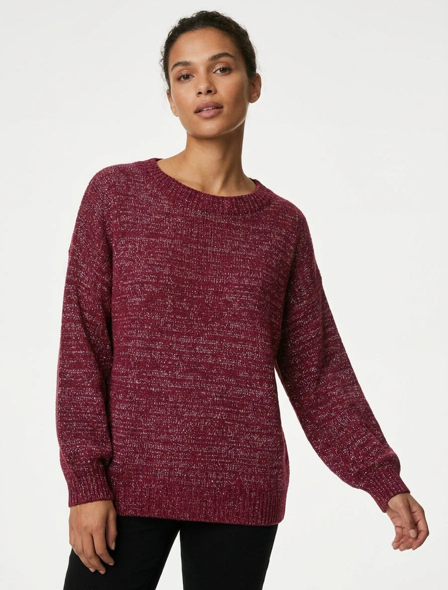 Pull ample en maille à bords côtelés - Lie de vin