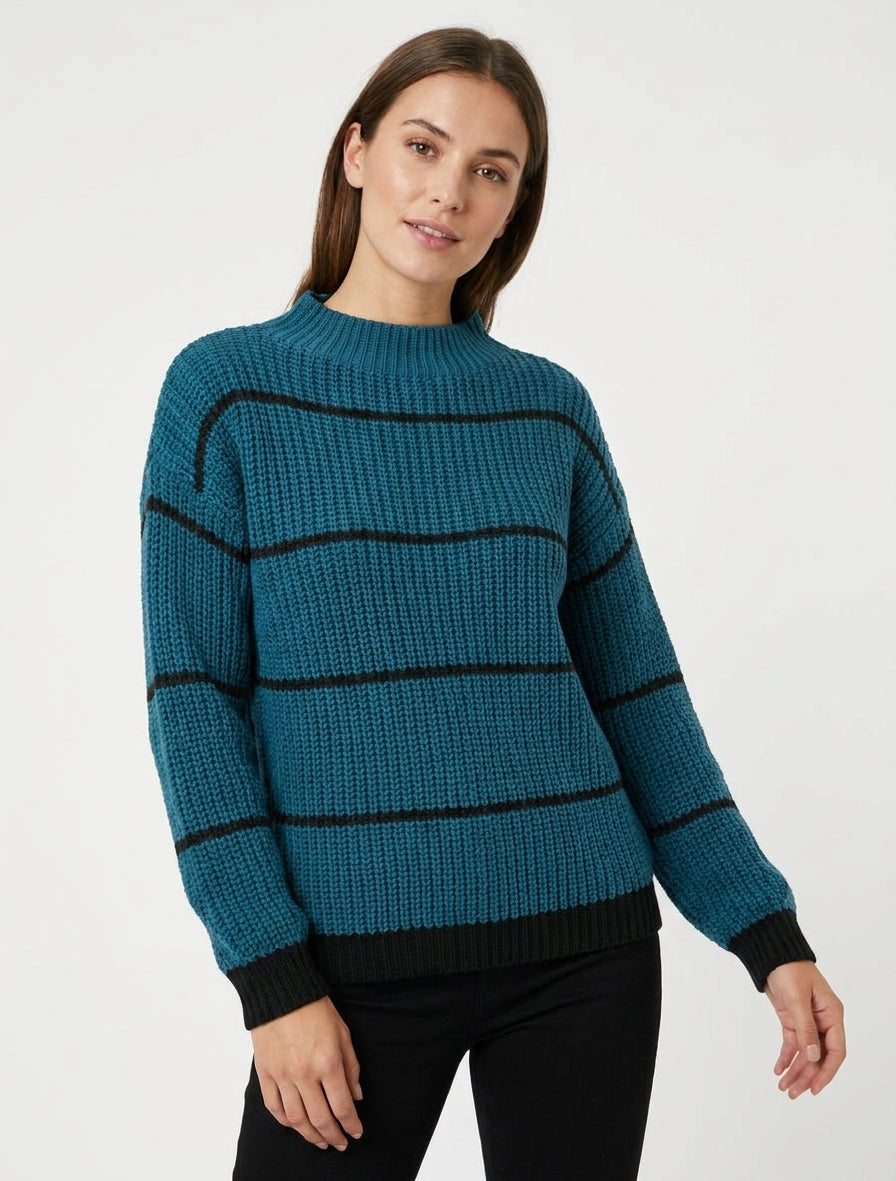 Pull rayé à col montant - Bleu canard