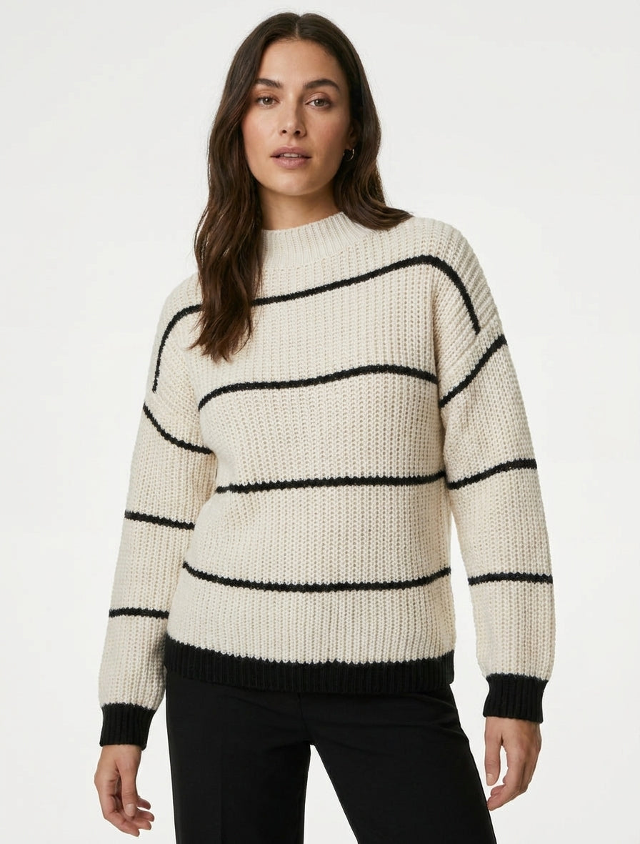 Pull rayé à col montant - Écru