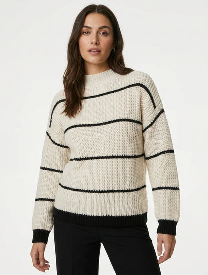Pull rayé à col montant - Écru