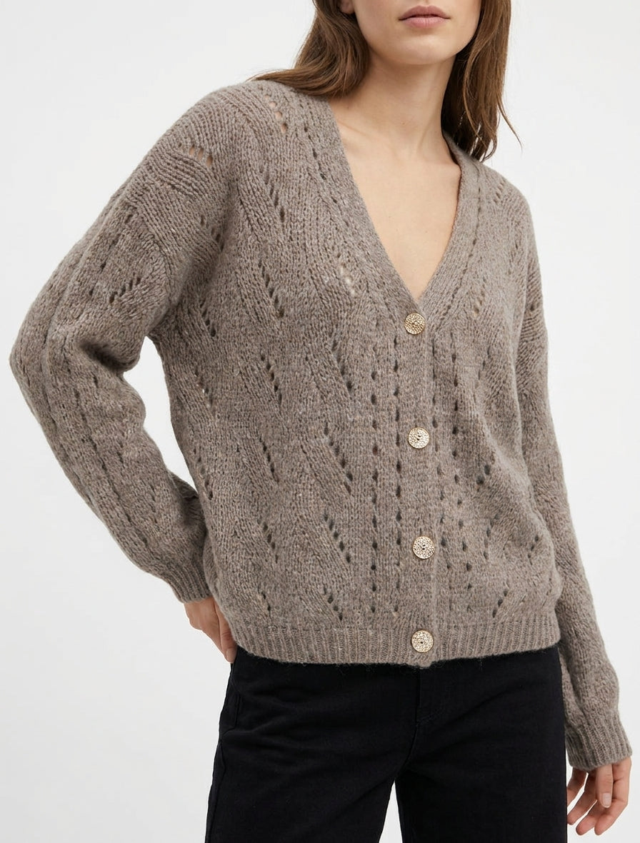 Gilet ample ajouré à fermeture boutonnée - Taupe