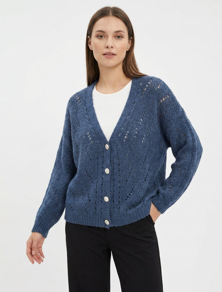 Gilet ample ajouré à boutonnage - Bleu