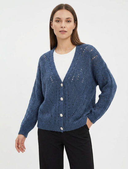 Gilet ample ajouré à boutonnage - Bleu