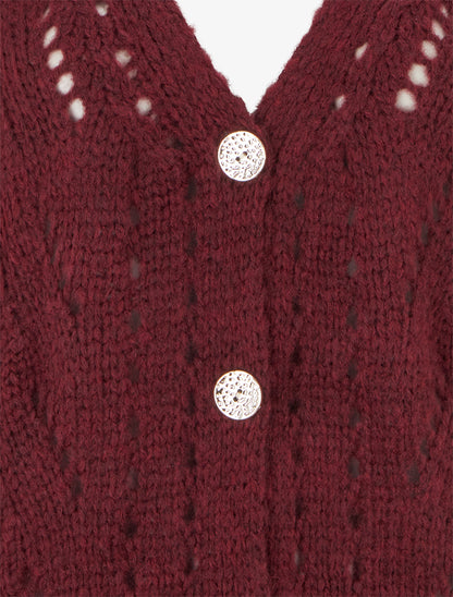 Gilet ample en maille ajourée à col V - Lie de vin - 3