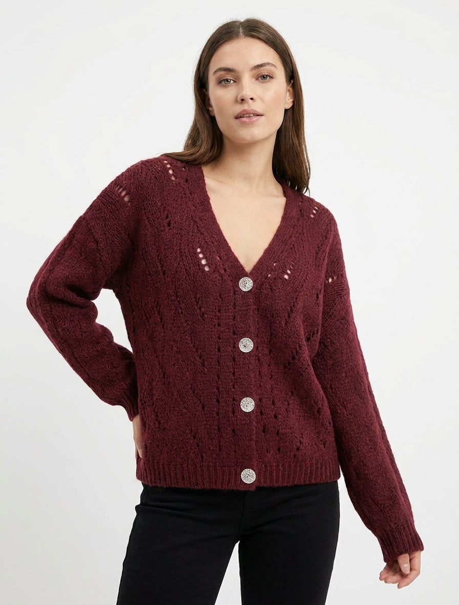 Gilet ample maille ajourée - Lie de vin